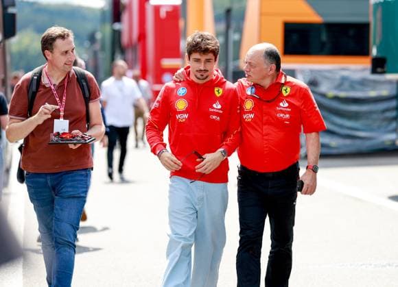 16 Charles Leclerc (MCO, Scuderia Ferrari HP), Frederic Vasseur (FRA, Scuderia Ferrari HP), F1 Grand Prix of Belgium at Circuit de Spa-Francorchamps on July 26, 2024 in Spa-Francorchamps, Belgium. (Photo by HOCH ZWEI) Spa-Francorchamps Belgium