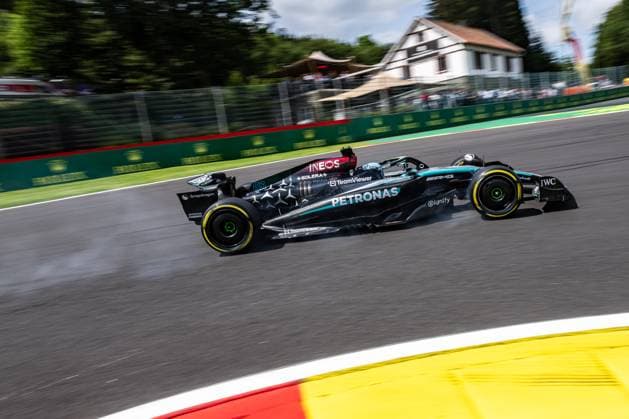 Mercedes-AMG Petronas UK rider George Russell locks his brakes during the free training ahead of the Grand Prix F1 of Belgium race, in Spa-Francorchamps, Friday 26 July 2024. The Spa-Francorchamps Formula One Grand Prix takes place this weekend, from July 25th to July 28th. JONASxROOSENS  x97087212x