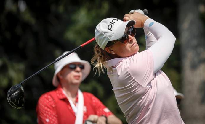 July 26, 2024, Calgary, Ab, CANADA: Lauren Coughlin, of the United States, hits a tee shot on the seventh hole during the second round at the LPGA, Golf Damen Canadian Women s Open golf tournament in Calgary, Alta., Friday, July 26, 2024. Lauren Coughlin, - ZUMAc35_ 20240726_zaf_c35_111 Copyright: xJeffxMcintoshx