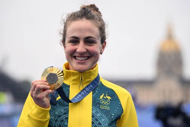 OLY24 CYCLING ROAD, Australian cyclist Grace Brown reacts after winning a gold medal during the Women s Individual Time Trial at Pont Alexandre III as part of the 2024 Paris Olympic Games, Olympische Spiele, Olympia, OS in Paris, France, Saturday, July 27, 2024. ( NO ARCHIVING, EDITORIAL USE ONLY, NO USE IN BOOKS WITHOUT CONSENT PARIS FRANCE Copyright: xJOELxCARRETTx 20240728146806141510