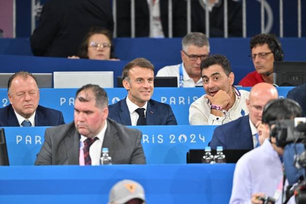 Paris 2024 - Judo - Luka Mkheidze wins silver Judo - President Emmanuel Macron at the Judo Final event, at Olympic summer games, Paris 2024, Paris, France on July 2024. Luka Mkheidze wins silver in judo after his final against Yeldos Smetov. Photo by Laurent Zabulon ABACAPRESS.COM Paris France  Copyright: xZabulonxLaurent ABACAx
