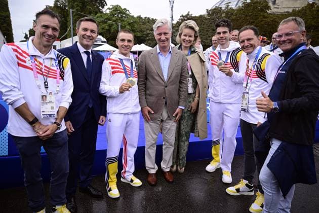 BOIC-COIB s CEO Cedric Van Branteghem, UCI president David Lappartient, Belgian gold medallist Remco Evenepoel, King Philippe - Filip of Belgium, Queen Mathilde of Belgium, Belgian bronze medallist Wout van Aert and BOIC-COIB s president Jean-Michel Saive pose after the men s time trial event at the Paris 2024 Olympic Games, Olympische Spiele, Olympia, OS on Saturday 27 July 2024 in Paris, France . The Games of the XXXIII Olympiad are taking place in Paris from 26 July to 11 August. The Belgian delegation counts 165 athletes in 21 sports. LAURIExDIEFFEMBACQ  x97171986x
