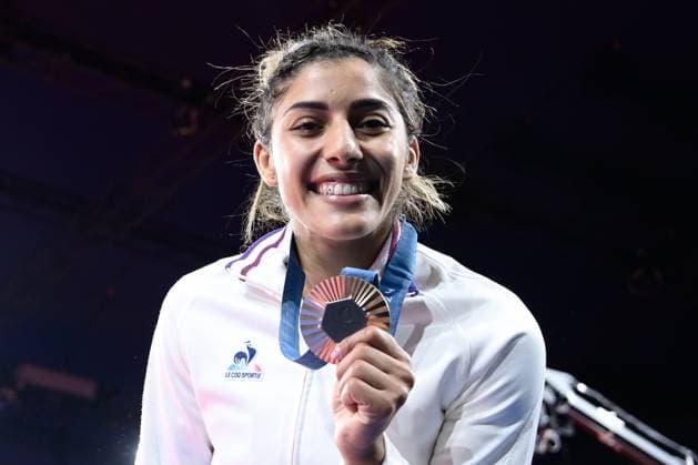 Shirine Boukli ( France ) celebrates with her medal during the 2024 Judo Olympics Games at Arena Champ de Mars on July 27, 2024 in Paris, France. ( Photo by federico pestellini DPPI Panoramic ) - JO 2024 : JUDO - Jeux Olympiques 2024 - Paris2024 - Paris - 27 07 2024 DPPI Panoramic 