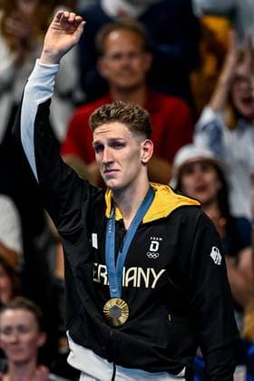 Lukas Martens of Germany celebrates after winning the gold medal in the swimming 400m Freestyle Men Final during the Paris 2024 Olympic Games, Olympische Spiele, Olympia, OS at La Defense Arena in Paris (France), July 27, 2024. Giorgio Scala