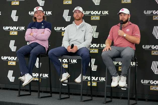 27th July 2024; JCB Golf &amp; Country Club, Rocester, Uttoxeter, England; LIV UK Golf League, Round 2; Cameron Smith of the Rippers GC, Andy Ogletree of the Highflyers GC and Tyrrell Hatton of the Legion XIII GC speaks to the media after their rounds  ActionPlus12673004 StevenxFlynn