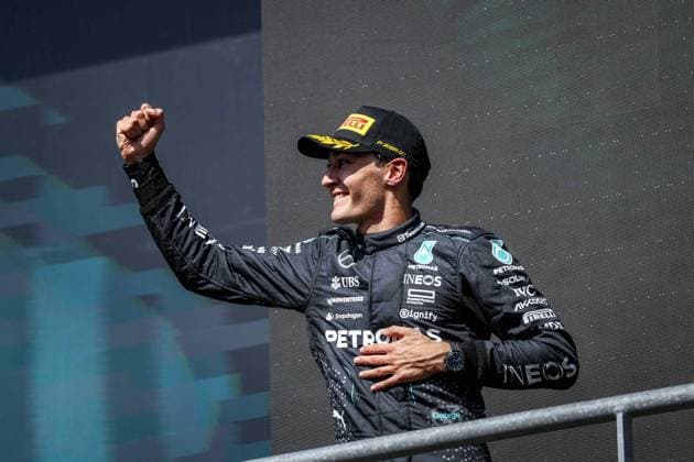 RUSSELL George (gbr), Mercedes AMG F1 Team W15, portrait, podium during the Formula 1 Rolex Belgian Grand Prix 2024, 14th round of the 2024 Formula One World Championship, WM, Weltmeisterschaft from July 26 to 28, 2024 on the Circuit de Spa-Francorchamps, in Stavelot, Belgium - F1 - BELGIAN GRAND PRIX 2024 DPPI Panoramic  240728_R14_BELGIO_DP_FG006900