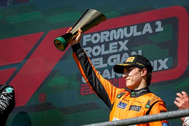 PIASTRI Oscar (aus), McLaren F1 Team MCL38, portrait, podium during the Formula 1 Rolex Belgian Grand Prix 2024, 14th round of the 2024 Formula One World Championship, WM, Weltmeisterschaft from July 26 to 28, 2024 on the Circuit de Spa-Francorchamps, in Stavelot, Belgium - F1 - BELGIAN GRAND PRIX 2024 DPPI Panoramic  240728_R14_BELGIO_DP_FG007033