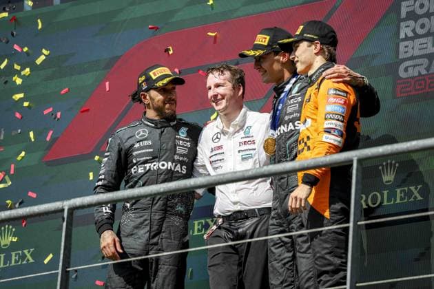 RUSSELL George (gbr), Mercedes AMG F1 Team W15, HAMILTON Lewis (gbr), Mercedes AMG F1 Team W15, PIASTRI Oscar (aus), McLaren F1 Team MCL38, portrait, podium during the Formula 1 Rolex Belgian Grand Prix 2024, 14th round of the 2024 Formula One World Championship, WM, Weltmeisterschaft from July 26 to 28, 2024 on the Circuit de Spa-Francorchamps, in Stavelot, Belgium - F1 - BELGIAN GRAND PRIX 2024 DPPI Panoramic 240728_R14_BELGIO_DP_FG007129