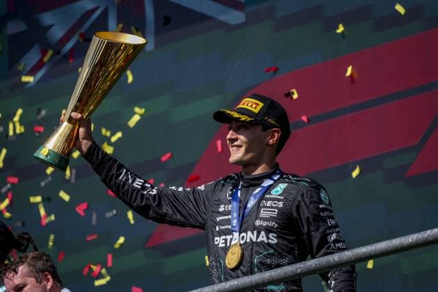 RUSSELL George (gbr), Mercedes AMG F1 Team W15, portrait, podium during the Formula 1 Rolex Belgian Grand Prix 2024, 14th round of the 2024 Formula One World Championship, WM, Weltmeisterschaft from July 26 to 28, 2024 on the Circuit de Spa-Francorchamps, in Stavelot, Belgium - F1 - BELGIAN GRAND PRIX 2024 DPPI Panoramic  240728_R14_BELGIO_DP_FG007157
