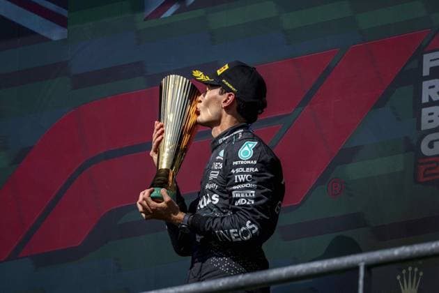 RUSSELL George (gbr), Mercedes AMG F1 Team W15, portrait, podium during the Formula 1 Rolex Belgian Grand Prix 2024, 14th round of the 2024 Formula One World Championship, WM, Weltmeisterschaft from July 26 to 28, 2024 on the Circuit de Spa-Francorchamps, in Stavelot, Belgium - F1 - BELGIAN GRAND PRIX 2024 DPPI Panoramic  240728_R14_BELGIO_DP_FG006989