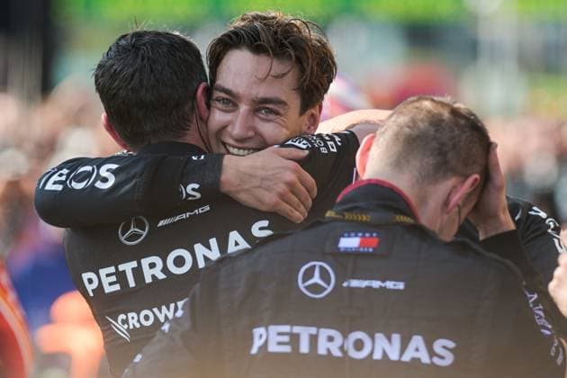 Mercedes-AMG Petronas UK rider George Russell celebrates after winning the Grand Prix F1 of Belgium race, in Spa-Francorchamps, Sunday 28 July 2024. The Spa-Francorchamps Formula One Grand Prix takes place this weekend, from July 25th to July 28th. JONASxROOSENS  x97243508x