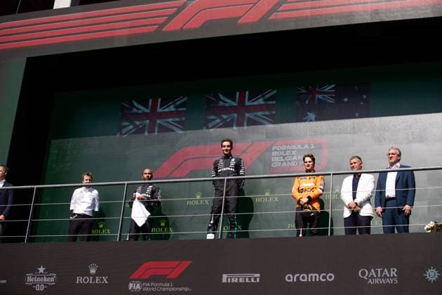 Podium RUSSELL George (gbr), Mercedes AMG F1 Team W15, portrait HAAS Gene (usa), Founder & Chairman of Haas Automation, portrait NORRIS Lando (gbr), McLaren F1 Team MCL38, portrait during the Formula 1 Rolex Belgian Grand Prix 2024, 14th round of the 2024 Formula One World Championship, WM, Weltmeisterschaft from July 26 to 28, 2024 on the Circuit de Spa-Francorchamps, in Stavelot, Belgium - F1 - BELGIAN GRAND PRIX 2024 DPPI Panoramic 240728_R14_BELGIO_DP__F_13467.CR2_