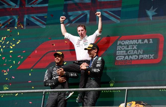 44 Lewis Hamilton (GBR, Mercedes-AMG Petronas F1 Team), 63 George Russell (GBR, Mercedes-AMG Petronas F1 Team), F1 Grand Prix of Belgium at Circuit de Spa-Francorchamps on July 28, 2024 in Spa-Francorchamps, Belgium. (Photo by HOCH ZWEI) Spa-Francorchamps Belgium