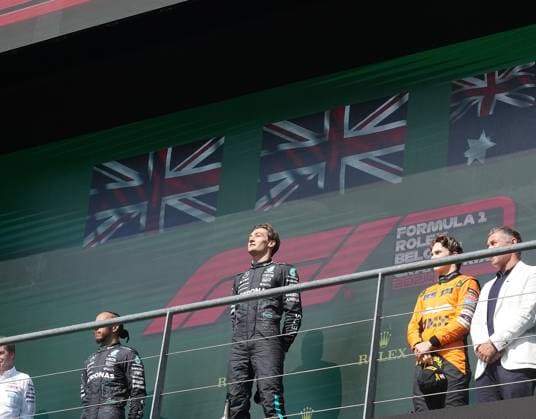 28.07.2024, Circuit de Spa-Francorchamps, Spa-Francorchhamps, Formula 1 Rolex Belgian Grand Prix 2024 , im Bild Sieger George Russell (GBR), Mercedes-AMG Petronas Formula One Team, 2.Platz für Lewis Hamilton (GBR), 3.Platz für Oscar Piastri (AUS), McLaren F1 Team Defodi-506_20240728_hbr_3604