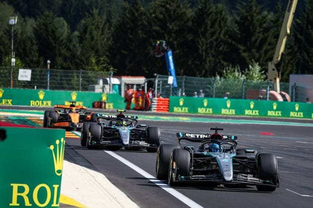 63 George Russell (GBR, Mercedes-AMG Petronas F1 Team), 44 Lewis Hamilton (GBR, Mercedes-AMG Petronas F1 Team), 81 Oscar Piastri (AUS, McLaren Formula 1 Team), F1 Grand Prix of Belgium at Circuit de Spa-Francorchamps on July 28, 2024 in Spa-Francorchamps, Belgium. (Photo by HOCH ZWEI) Spa-Francorchamps Belgium