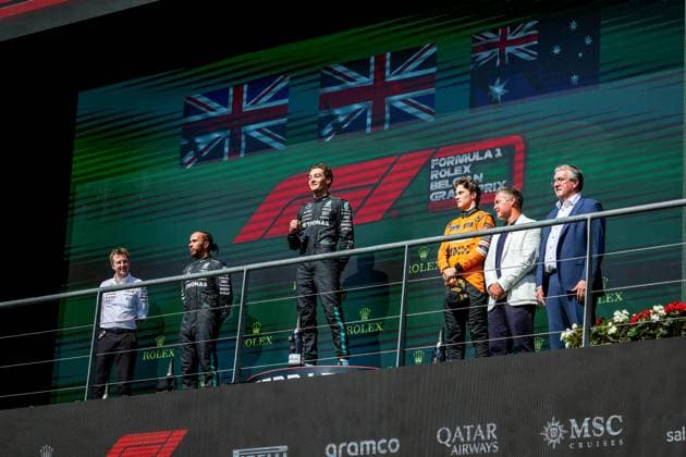 44 Lewis Hamilton (GBR, Mercedes-AMG Petronas F1 Team), 63 George Russell (GBR, Mercedes-AMG Petronas F1 Team), 81 Oscar Piastri (AUS, McLaren Formula 1 Team), F1 Grand Prix of Belgium at Circuit de Spa-Francorchamps on July 28, 2024 in Spa-Francorchamps, Belgium. (Photo by HOCH ZWEI) Spa-Francorchamps Belgium
