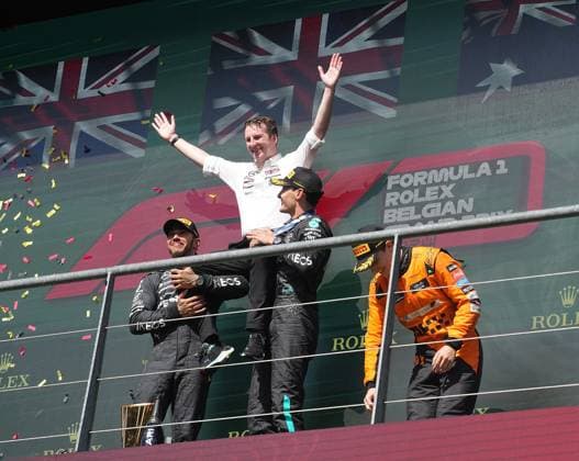 28.07.2024, Circuit de Spa-Francorchamps, Spa-Francorchhamps, Formula 1 Rolex Belgian Grand Prix 2024 , im Bild Sieger George Russell (GBR), Mercedes-AMG Petronas Formula One Team, 2.Platz für Lewis Hamilton (GBR), 3.Platz für Oscar Piastri (AUS), McLaren F1 Team, Joseph McMillan, leitender Rennstrategist bei Mercedes. Defodi-506_20240728_hbr_4030