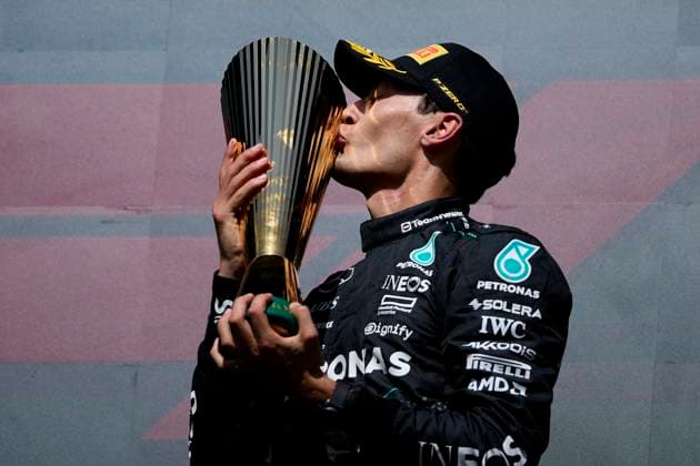 F1 Grand Prix of Belgium Race winner George Russell of Great Britain and Mercedes AMG Petronas F1 Team celebrates on the podium during the F1 Grand Prix of Belgium at Circuit de Spa-Francorchamps on July 28, 2024, in Spa, Belgium. Spa Circuit de Spa-Francorchamps Spa Belgium RL_GPF1BELG24_000999 Copyright: xRicardoxLarreinax