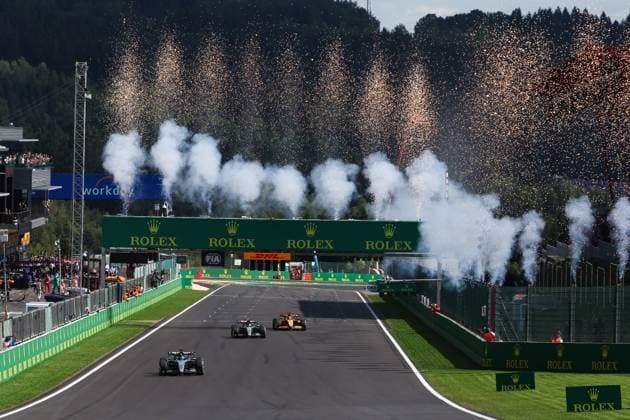 63 George Russell (GBR, Mercedes-AMG Petronas F1 Team), 44 Lewis Hamilton (GBR, Mercedes-AMG Petronas F1 Team), 81 Oscar Piastri (AUS, McLaren Formula 1 Team), F1 Grand Prix of Belgium at Circuit de Spa-Francorchamps on July 28, 2024 in Spa-Francorchamps, Belgium. (Photo by HOCH ZWEI) Spa-Francorchamps Belgium