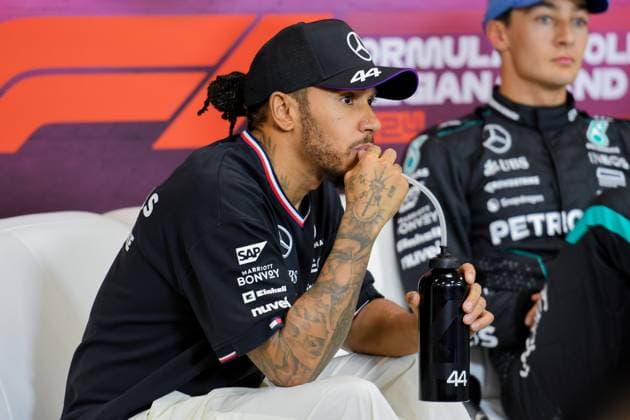 Formel 1 GP Spa Belgien. Sonntag, 28.07.2024 Lewis Hamilton 44, Mercedes-AMG Petronas F1 Team und George Russell 63, Mercedes-AMG Petronas F1 Team in der Pressekonferenz; Formel 1 GP Spa Belgien. Sonntag, 28.07.2024 Copyright: xBEAUTIFULxSPORTS Erlhofx
