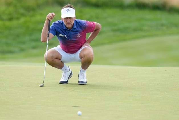 28th July 2024; JCB Golf &amp; Country Club, Rocester, Uttoxeter, England; LIV UK Golf League, Final Round; Ian Poulter of the Majestics GC lines up his birdie putt on to 14th green  ActionPlus12673688 StevenxFlynn