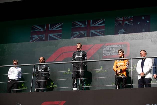 44 Lewis Hamilton (GBR, Mercedes-AMG Petronas F1 Team), 63 George Russell (GBR, Mercedes-AMG Petronas F1 Team), 81 Oscar Piastri (AUS, McLaren Formula 1 Team), F1 Grand Prix of Belgium at Circuit de Spa-Francorchamps on July 28, 2024 in Spa-Francorchamps, Belgium. (Photo by HOCH ZWEI) Spa-Francorchamps Belgium