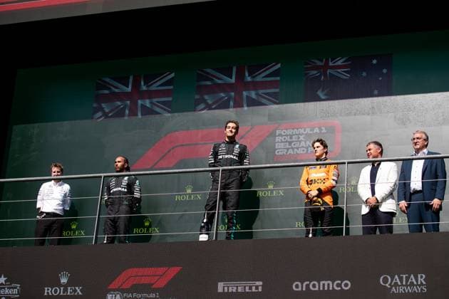 44 Lewis Hamilton (GBR, Mercedes-AMG Petronas F1 Team), 63 George Russell (GBR, Mercedes-AMG Petronas F1 Team), 81 Oscar Piastri (AUS, McLaren Formula 1 Team), F1 Grand Prix of Belgium at Circuit de Spa-Francorchamps on July 28, 2024 in Spa-Francorchamps, Belgium. (Photo by HOCH ZWEI) Spa-Francorchamps Belgium