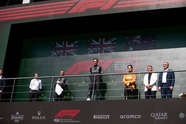 44 Lewis Hamilton (GBR, Mercedes-AMG Petronas F1 Team), 63 George Russell (GBR, Mercedes-AMG Petronas F1 Team), 81 Oscar Piastri (AUS, McLaren Formula 1 Team), F1 Grand Prix of Belgium at Circuit de Spa-Francorchamps on July 28, 2024 in Spa-Francorchamps, Belgium. (Photo by HOCH ZWEI) Spa-Francorchamps Belgium
