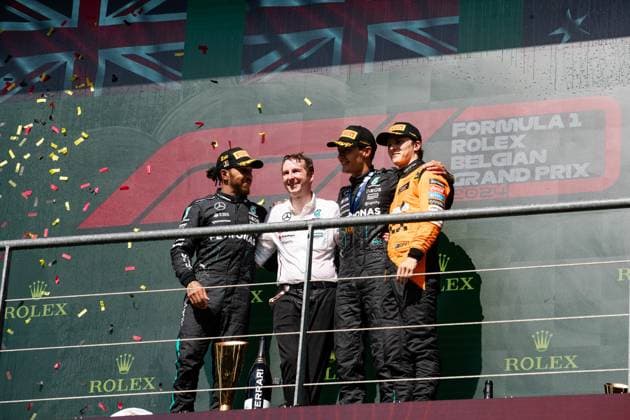 44 Lewis Hamilton (GBR, Mercedes-AMG Petronas F1 Team), 63 George Russell (GBR, Mercedes-AMG Petronas F1 Team), 81 Oscar Piastri (AUS, McLaren Formula 1 Team), F1 Grand Prix of Belgium at Circuit de Spa-Francorchamps on July 28, 2024 in Spa-Francorchamps, Belgium. (Photo by HOCH ZWEI) Spa-Francorchamps Belgium