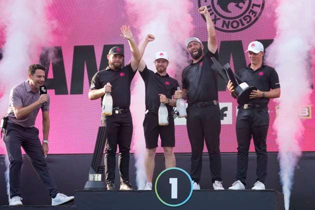 28th July 2024; JCB Golf &amp; Country Club, Rocester, Uttoxeter, England; LIV UK Golf League, Final Round; Jon Rahm, Tyrrell, Caleb Surratt and Kieran Vincent of the Legion XIII GC lift the LIV Golf Team trophy after victory  ActionPlus12673750 StevenxFlynn