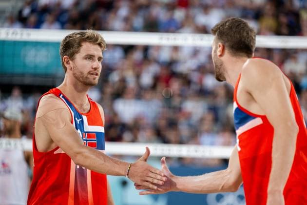 240728 Anders Mol and Christian Sorum of Norway in men s preliminary round Beach volleyball, Beachvolleyball match between Norway and Chile during day 2 of the Paris 2024 Olympic Games, Olympische Spiele, Olympia, OS on July 28, 2024 in Paris. Photo: Jon Olav Nesvold BILDBYRAN COP 217 VG0635 bbeng olympic games olympics os ol olympiska spel olympiske leker paris 2024 paris-os paris-ol beachvolleyboll beach volleyball sandvolleyball Copyright: JONxOLAVxNESVOLD BB240728JE137
