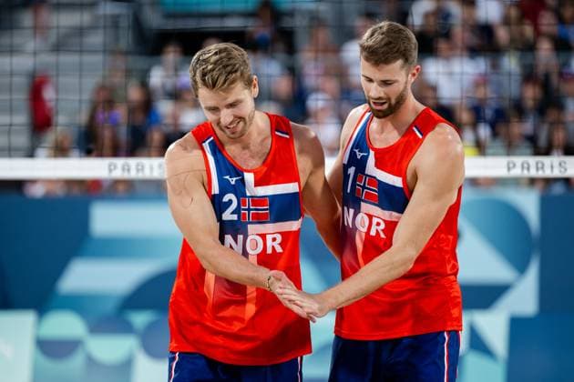 240728 Anders Mol and Christian Sorum of Norway in men s preliminary round Beach volleyball, Beachvolleyball match between Norway and Chile during day 2 of the Paris 2024 Olympic Games, Olympische Spiele, Olympia, OS on July 28, 2024 in Paris. Photo: Jon Olav Nesvold BILDBYRAN COP 217 VG0635 bbeng olympic games olympics os ol olympiska spel olympiske leker paris 2024 paris-os paris-ol beachvolleyboll beach volleyball sandvolleyball Copyright: JONxOLAVxNESVOLD BB240728JE147