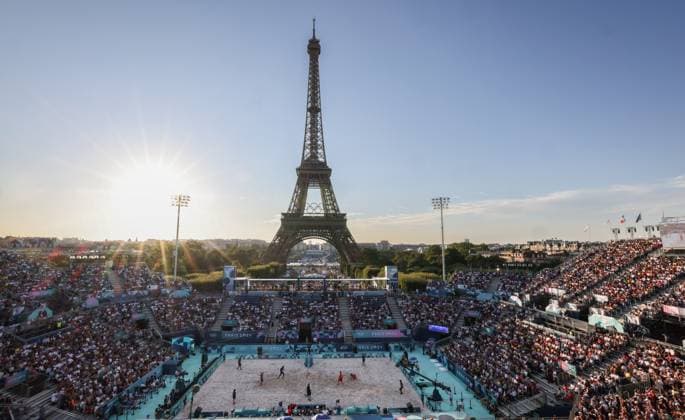 OLYMPICS - Olympic Summer Games 2024 PARIS,FRANCE,28.JUL.24 - OLYMPICS, Beach volleyball, Beachvolleyball - Olympic Summer Games Paris 2024, Men. Image shows Julian Hoerl, Alexander Horst (AUT) and Evandro Goncalves Oliveira Junior, Arthur Diego Mariano Lanci (BRA).  GEPAxpictures xHaraldxSteiner