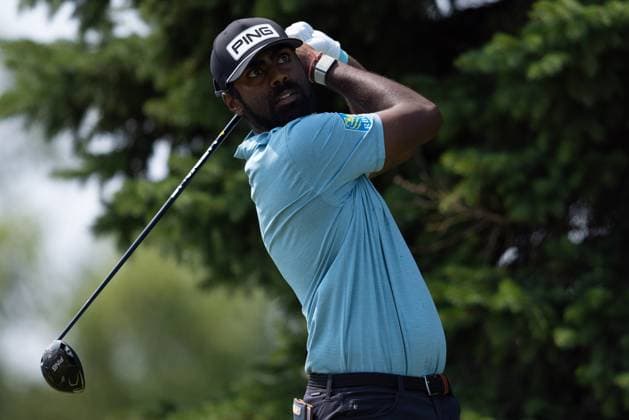 BLAINE, MN - JULY 28: Sahith Theegala hits a tee shot on the second hole during the final round of the 3M Open at TPC Twin Cities on July 28, 2024 in Blaine, Minnesota. (Photo by Bailey Hillesheim Icon Sportswire) GOLF: JUL 28 PGA, Golf Herren 3M Open EDITORIAL USE ONLY Icon2407280153