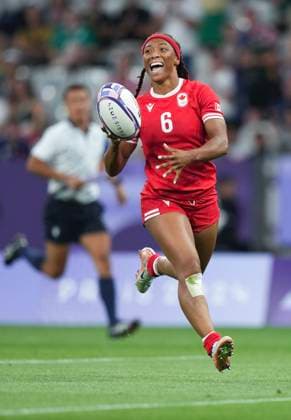 July 28, 2024, Paris, FRANCE: Canada back Charity Williams (6) reacts as she scores a Try against New Zealand during first half women s rugby 7s action at the 2024 Summer Olympics in Paris, France on Sunday, July 28, 2024. Canada News - July 28, 2024  - ZUMAc35_ 20240728_zaf_c35_146 Copyright: xNathanxDenettex