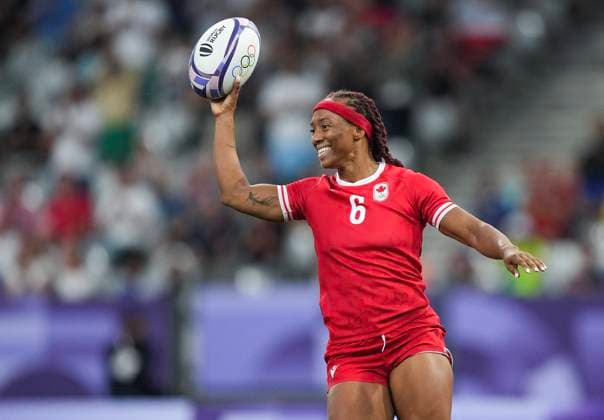 July 28, 2024, Paris, FRANCE: Canada back Charity Williams (6) reacts as she scores a Try against New Zealand during first half women s rugby 7s action at the 2024 Summer Olympics in Paris, France on Sunday, July 28, 2024. Canada News - July 28, 2024  - ZUMAc35_ 20240728_zaf_c35_148 Copyright: xNathanxDenettex