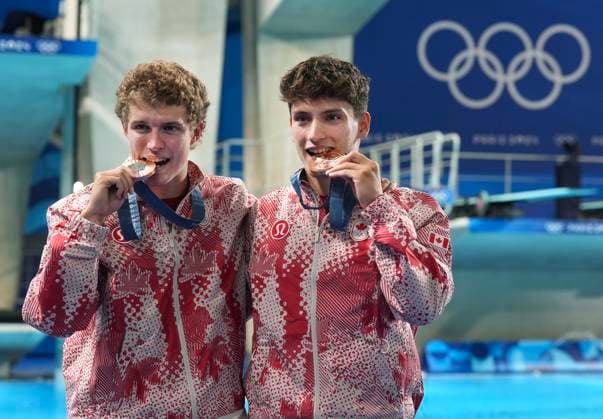 July 29, 2024, Paris, FRANCE: Canada s Nathan Zsombor-Murray, right, and Rylan Wiens react after winning the bronze medal in Men s Synchronized 10m Platform Diving at the Paris Summer Olympics in Paris, France on Monday, July 29, 2024. Canada News - July 29, 2024  - ZUMAc35_ 20240729_zaf_c35_045 Copyright: xNathanxDenettex