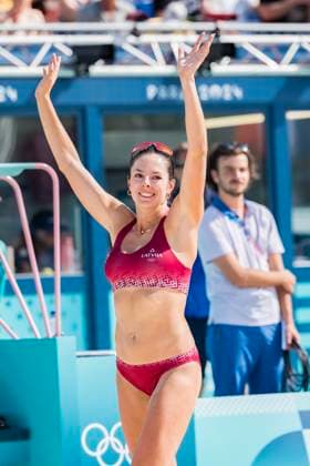 July 29, 2024, Paris, Ile de France, France: LatviaÃ¢â‚¬â ¢s Defender ANASTASIJA SAMOILOVA (LAT) (2) competes against Switzerland during their Preliminary Phase - Pool D Women s Beach volleyball, Beachvolleyball match at the Stade Tour Eiffel stadium during the 2024 Paris Summer Olympics in Paris, France.Switzerland Paris France - ZUMAa161 20240729_oly_a161_041 Copyright: xWalterxArcex