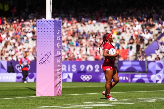 (240729) -- PARIS, July 29, 2024 -- Charity Williams of Cananda celebrates scoring during the rugby sevens women s pool A match between China and Canada at Paris 2024 Olympic Games, Olympische Spiele, Olympia, OS in Paris, France, July 29, 2024. Xu Chang) (PARIS2024) FRANCE-PARIS-OLY-RUGBY SEVENS xuchang 