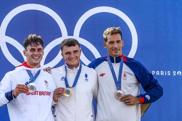 GESTIN Nicolas of France, BURGESS Adam of great britain, BENUS Matej of Slovakia Canoe Slalom Men s Canoe Single Final, podium, during the Olympic Games, Olympische Spiele, Olympia, OS Paris 2024 on 29 July 2024 at Vaires-sur-Marne Nautical Stadium in Vaires-sur-Marne, France - Photo Gregory Lenormand DPPI Media Panoramic OLYMPIC GAMES PARIS 2024 - 29 07 DPPI Panoramic  21024006_GRL_13790