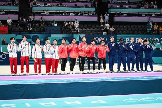 Team of China with his silver medal, team of Japan with his gold medal and team of United States with his bronze medal during the Artistic Gymnastics, MEN S TEAM FINAL, Olympic Games, Olympische Spiele, Olympia, OS Paris 2024 on 29 July 2024 at Bercy Arena in Paris, France - Photo Matthieu Mirville DPPI Media Panoramic OLYMPIC GAMES PARIS 2024 - 29 07 DPPI Panoramic  MM1-4854
