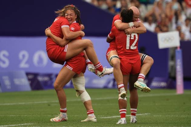 OLY24 RUGBY SEVENS, Canada celebrate following the Rugby Sevens WomenÕs Semi Final match match between Australia and Canada at the 2024 Paris Olympic Games, Olympische Spiele, Olympia, OS in Paris, France, Tuesday, July 30, 2024. ( NO ARCHIVING, EDITORIAL USE ONLY, NO USE IN BOOKS WITHOUT CONSENT PARIS FRANCE  Copyright: xIAINxMCGREGORx 20240731157113343038