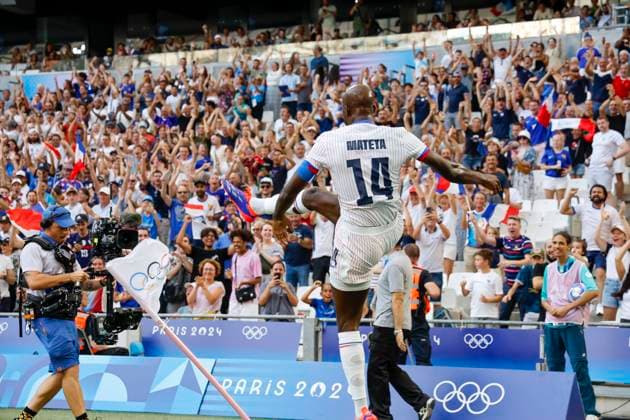 JEUX OLYMPIQUES PARIS 2024 PHOTOPQR LA PROVENCE SPEICH Frederic ; Marseille ; 30 07 2024 ; Jeux Olympiques Paris 2024 Tournoi de football olympique masculin Groupe A 3e journee Match Nouvelle-Zelande ( NZL ) - France ( FRA ) au Stade Velodrome de Marseille MATETA (FRA) JOIE BUT - The Paris 2024 Summer Olympic Games, Olympische Spiele, Olympia, OS (Jul 26-Aug 11, 2024). - The Paris 2024 Summer Olympic Games (Jul 26-Aug 11, 2024).
