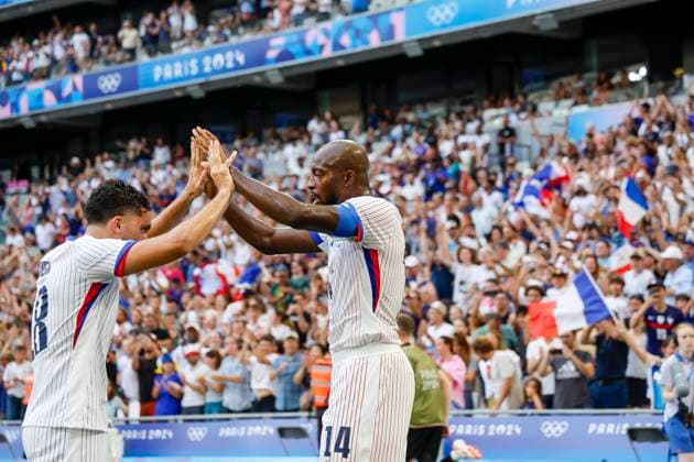 JEUX OLYMPIQUES PARIS 2024 PHOTOPQR LA PROVENCE SPEICH Frederic ; Marseille ; 30 07 2024 ; Jeux Olympiques Paris 2024 Tournoi de football olympique masculin Groupe A 3e journee Match Nouvelle-Zelande ( NZL ) - France ( FRA ) au Stade Velodrome de Marseille MATETA (FRA) JOIE BUT - The Paris 2024 Summer Olympic Games, Olympische Spiele, Olympia, OS (Jul 26-Aug 11, 2024). - The Paris 2024 Summer Olympic Games (Jul 26-Aug 11, 2024).