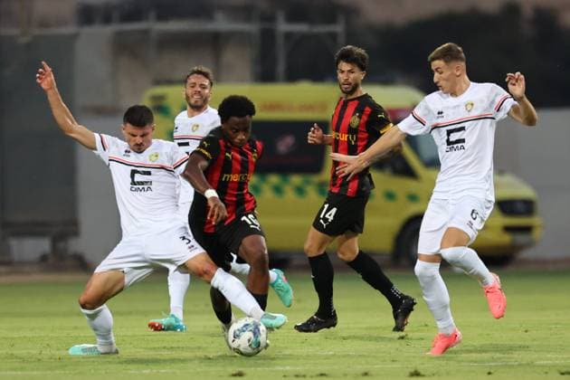 PAOLA, MALTA - JULY 30: Joseph Mbong (C) of Hamrun Spartans is in action during the UEFA Europa Conference League, Second Qualifying Round, 2nd Leg soccer match between Hamrun Spartans and Ballkani at the Tony Bezzina Stadium, Paola, Malta on 30 July 2024. Hamrun Spartans v Ballkani - UEFA Europa Conference League 2024 2025, Second Qualifying Round, 2nd Leg