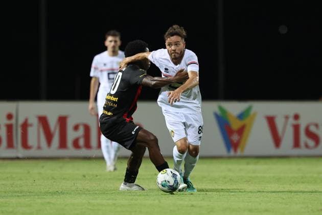 PAOLA, MALTA - JULY 30: Queven (R) of Ballkani is challenged by Joseph Mbong (L) of Hamrun Spartans during the UEFA Europa Conference League, Second Qualifying Round, 2nd Leg soccer match between Hamrun Spartans and Ballkani at the Tony Bezzina Stadium, Paola, Malta on 30 July 2024. (Photo by Domenic Aquilina) Hamrun Spartans v Ballkani - UEFA Europa Conference League 2024 2025, Second Qualifying Round, 2nd Leg