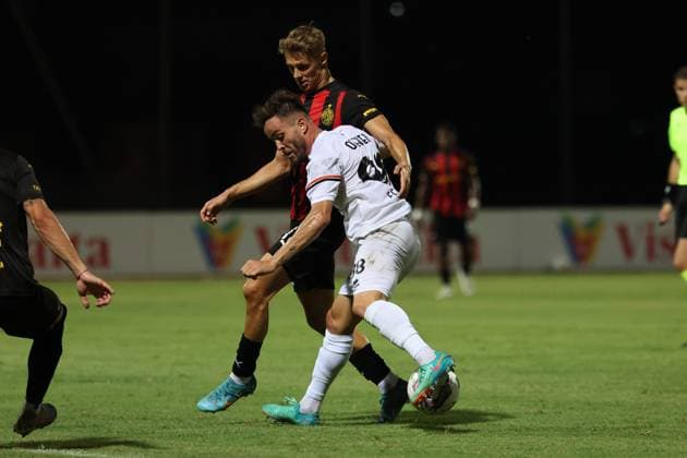 PAOLA, MALTA - JULY 30: Queven (front) of Ballkani is being challenged by Roko Prsa (back) of Hamrun Spartans during the UEFA Europa Conference League, Second Qualifying Round, 2nd Leg soccer match between Hamrun Spartans and Ballkani at the Tony Bezzina Stadium, Paola, Malta on 30 July 2024. (Photo by Domenic Aquilina) Hamrun Spartans v Ballkani - UEFA Europa Conference League 2024 2025, Second Qualifying Round, 2nd Leg