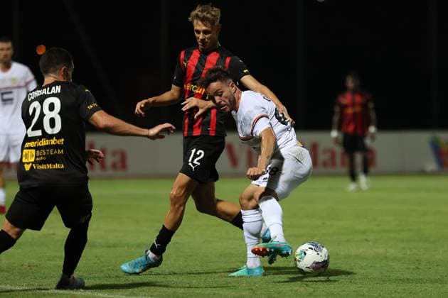 PAOLA, MALTA - JULY 30: Queven (front) of Ballkani is being challenged by Roko Prsa (back) of Hamrun Spartans during the UEFA Europa Conference League, Second Qualifying Round, 2nd Leg soccer match between Hamrun Spartans and Ballkani at the Tony Bezzina Stadium, Paola, Malta on 30 July 2024. (Photo by Domenic Aquilina) Hamrun Spartans v Ballkani - UEFA Europa Conference League 2024 2025, Second Qualifying Round, 2nd Leg