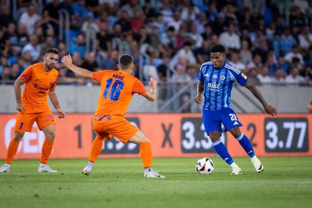 SLOVAN BRATISLAVA - NK CELJE Cesar Blackman of Slovan and Mario Kvesic of Celje during the 2nd leg of Second qualifying round of the UEFA Champions League football match between SK Slovan Bratislava and Celje. Bratislava, Slovakia, July 30, 2024. PUBLICATION NOT IN SLOVAKIA Copyright: xx 080A6620