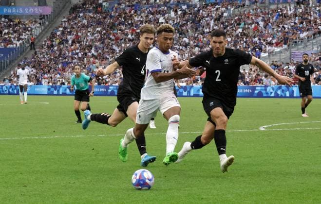 Paris 2024 - Football - France Defeat New Zealand French player Doue Desire.French team celebrating their victory in the Group A Match between France and New Zealand during the Olympic Games, Olympische Spiele, Olympia, OS Paris 2024, at Stadium-Marseille, on July 30, 2024 in Marseille, France. Photo by Patrick Aventurier ABACAPRESS.COM Marseille France  Copyright: xAventurierxPatrick ABACAx